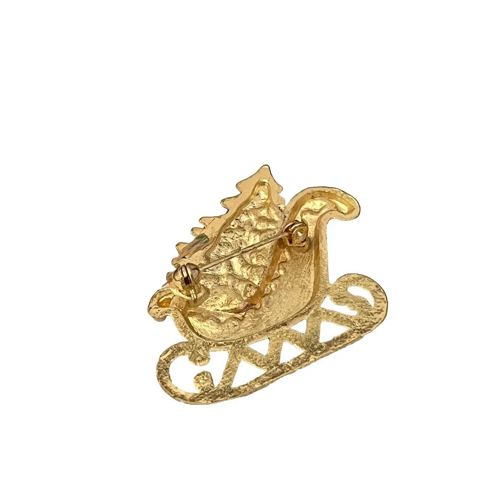 Vintage 1980s Christmas Sleigh Brooch Enamel Rhinestone Gold Tone - 1I